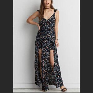 American Eagle Outfitters Navy Floral Print Maxi Romper with Ruffle Straps